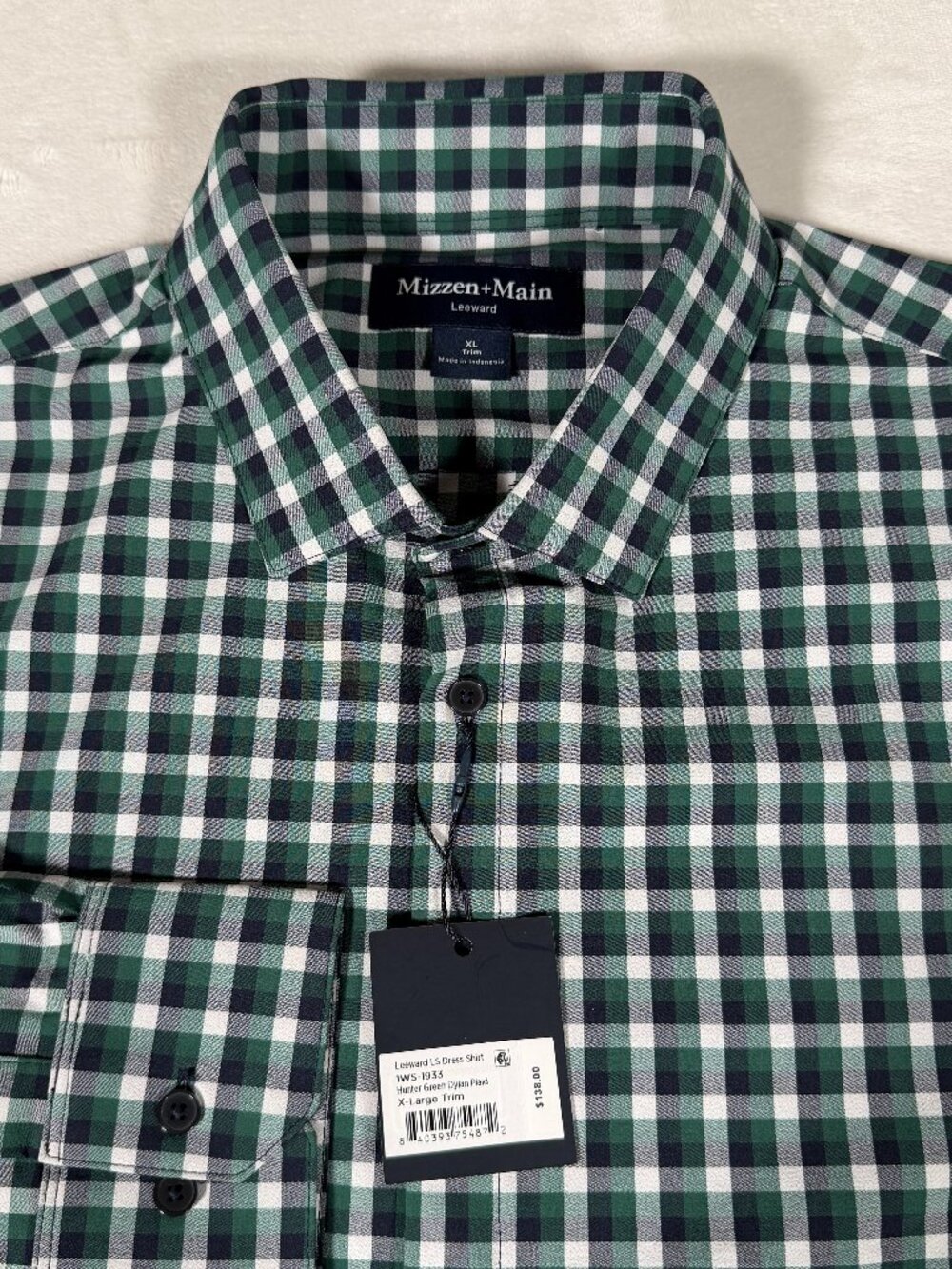 Mizzen Main Leeward Dress Shirt Men Size XL Long Sleeve Plaid Green Trim Fit NWT
